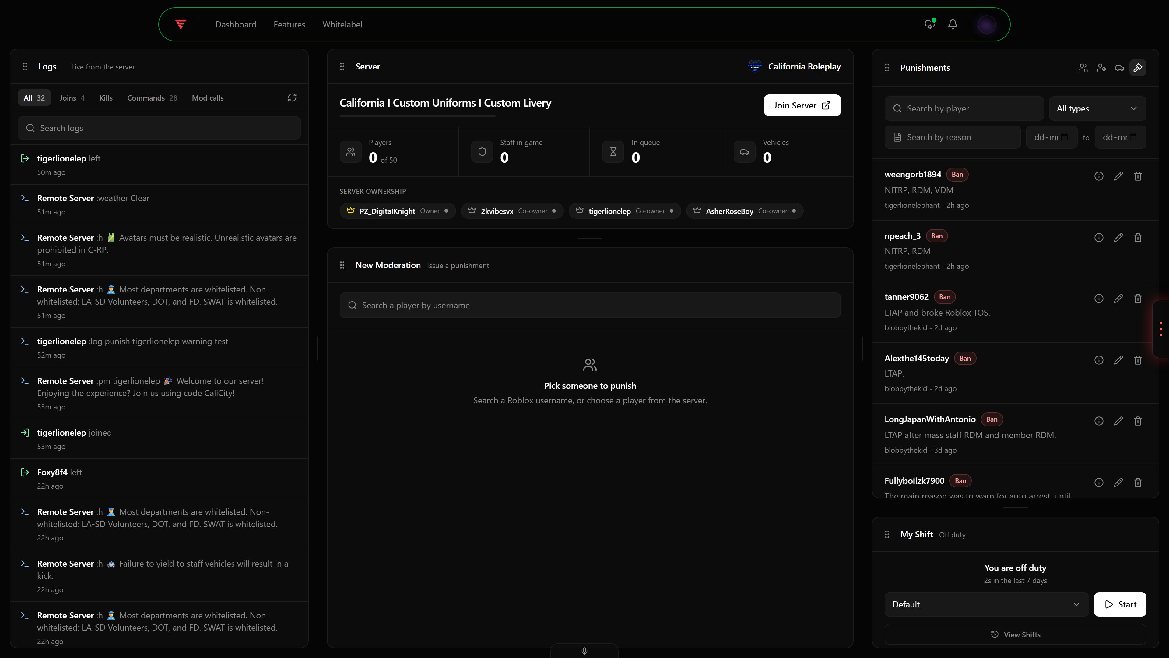 The ERM moderation panel showing live logs, server details, and punishments